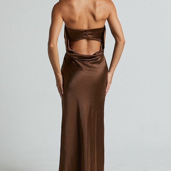 Brown mocha satin strapless Showpo dresses - Picture 3 of 9